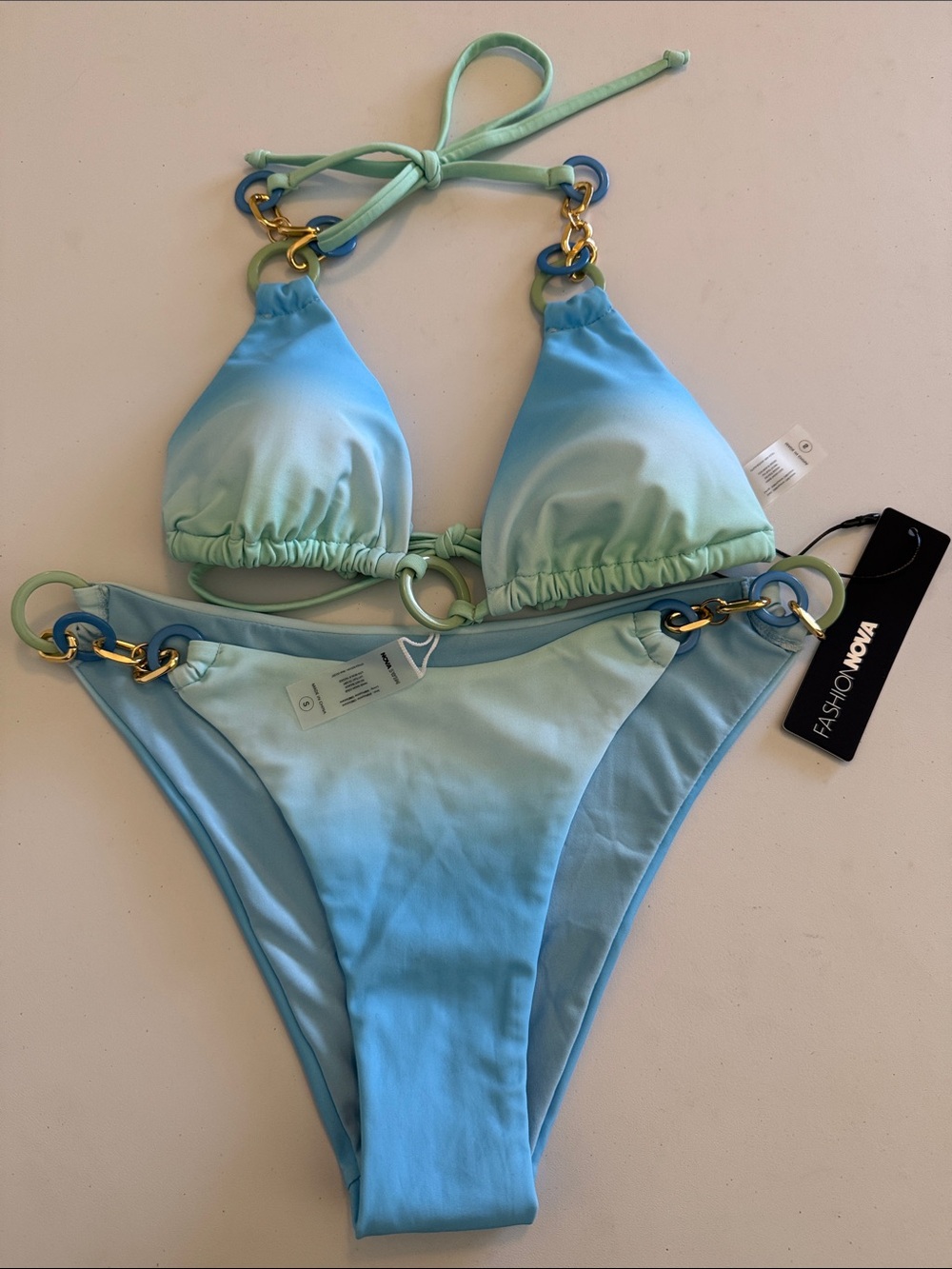 NWT Fashion Nova Blue Mint Ombre Ring-Detail Triangle Bikini Size S